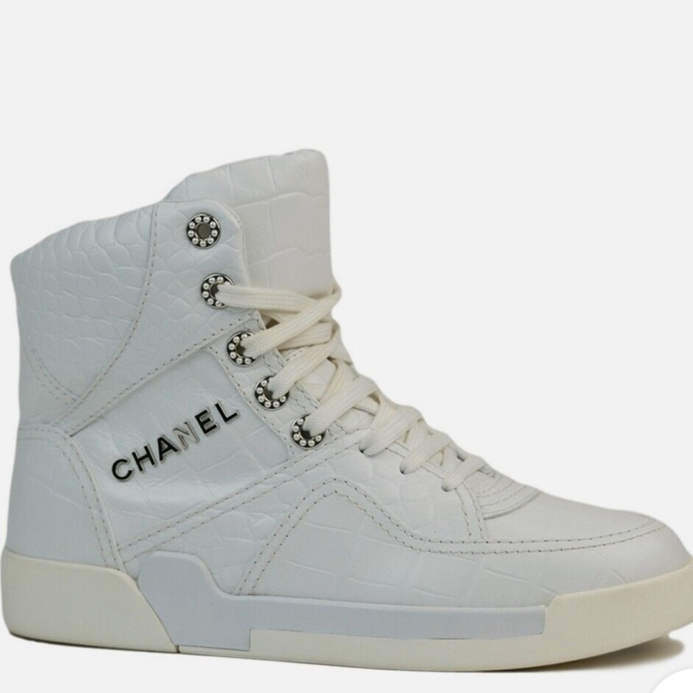 CHANEL CALFSKIN CROCODILE EMBOSSED WHITE HIGH TOP SNEAKERS
